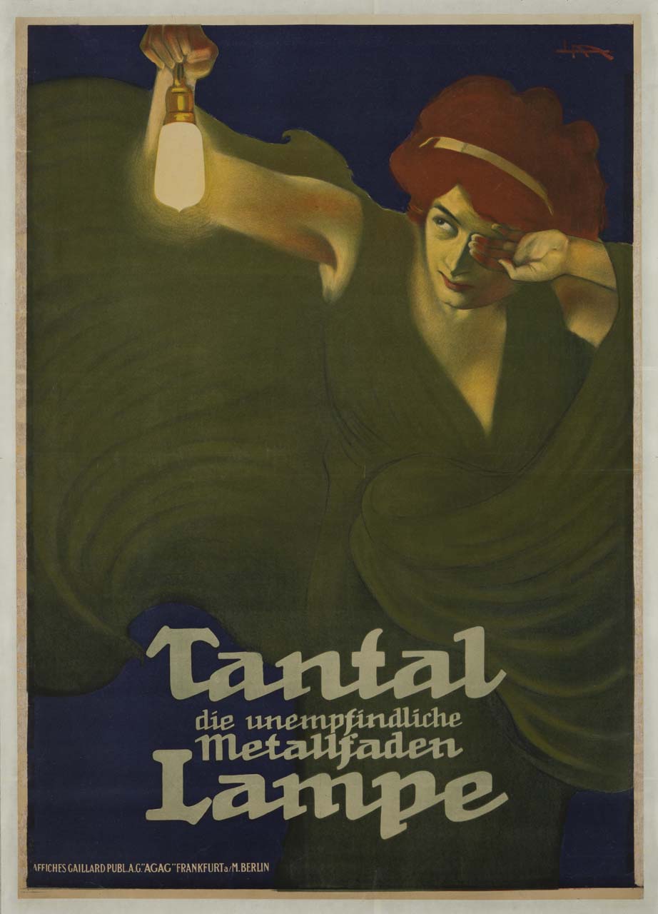 figura femminile personificazione della notte abbagliata dalla luce della lampadina (manifesto) di Metlicovitz Leopoldo (sec. XX)