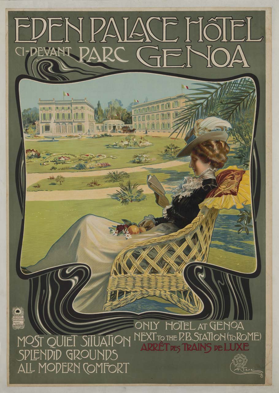 figura femminile che legge in poltrona in un giardino all'italiana; sullo sfondo un grande albergo (manifesto) di Terzi Aleardo (inizio sec. XX)