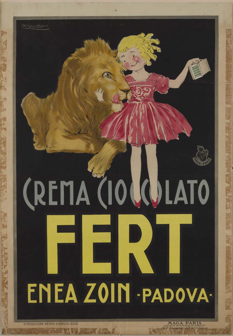 bambina ammansisce un leone accarezzandolo sotto il muso e mostrandogli una scatola di cioccolatini Fert (manifesto) di Mauzan Achille Luciano (sec. XX)
