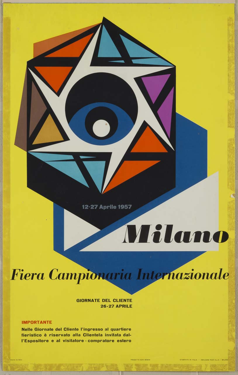 figura astratta esagonale con occhio centrale su sfondo giallo (manifesto) di Bonini Ezio (sec, XX)