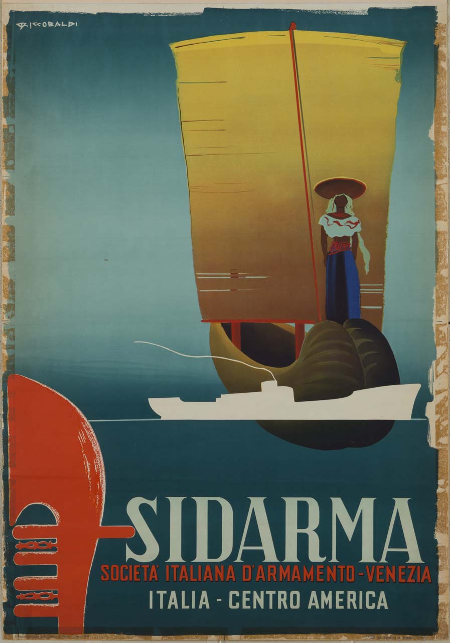 imbarcazione a vela con figura femminile in costume tradizionale; profilo di nave cargo e in primo piano un ferro di prua da gondola (manifesto) di Riccobaldi Del Bava Giuseppe (sec. XX)