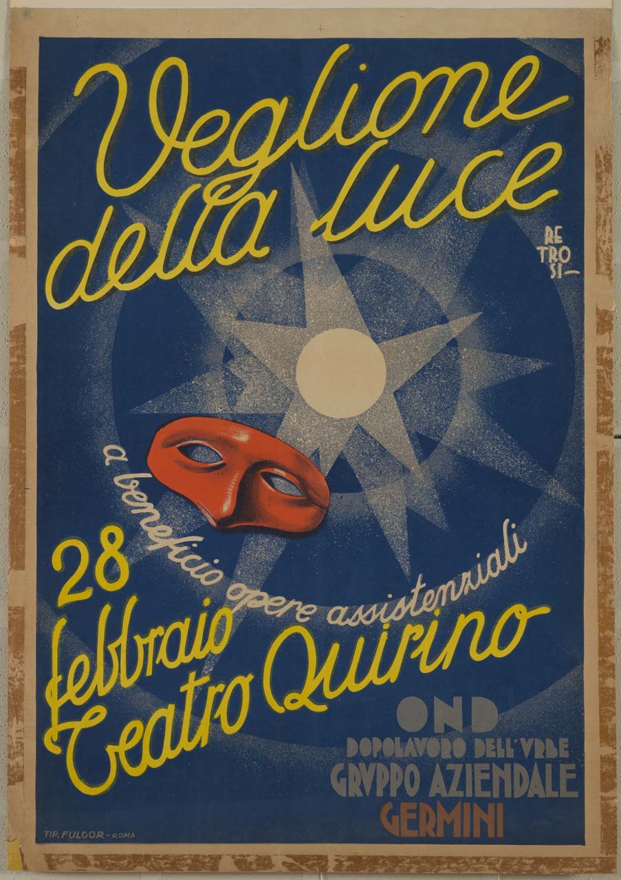 maschera di Pulcinella che si staglia sul raggio di luce di un proiettore da teatro (manifesto) di Retrosi Virgilio (sec. XX)