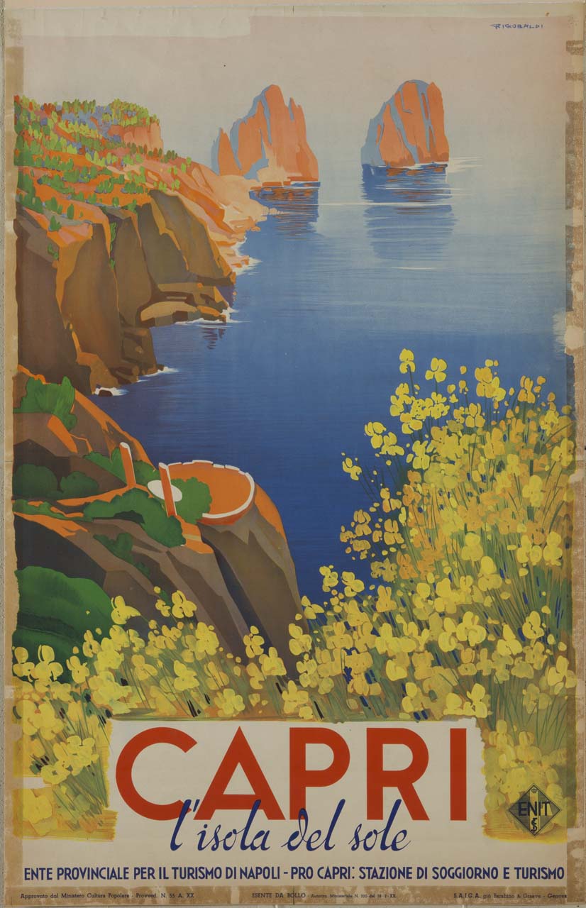 scogliera e faraglioni con ginestre in primo piano (manifesto) di Riccobaldi Del Bava Giuseppe (sec. XX)