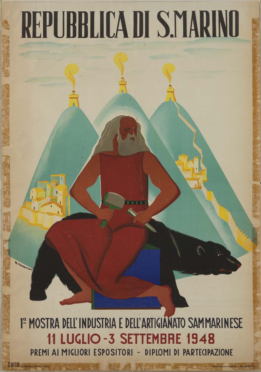 San Marino con mazza e scalpello ;seduto accanto ad un orso nero; sullo sfondo sono tre montagne dove sono rappresentate le città turrite di Cesta, Guarda e Montale (manifesto) di Riccobaldi Del Bava Giuseppe (sec. XX)