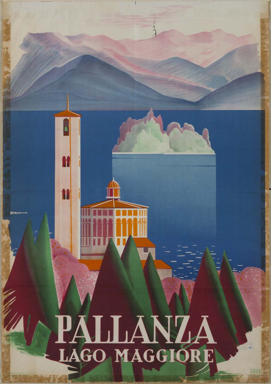lago Maggiore con l'Isola Bella mentre in basso spicca la cupola della chiesa della Madonna di Campagna a Pallanza (manifesto) di Riccobaldi Del Bava Giuseppe (sec. XX)
