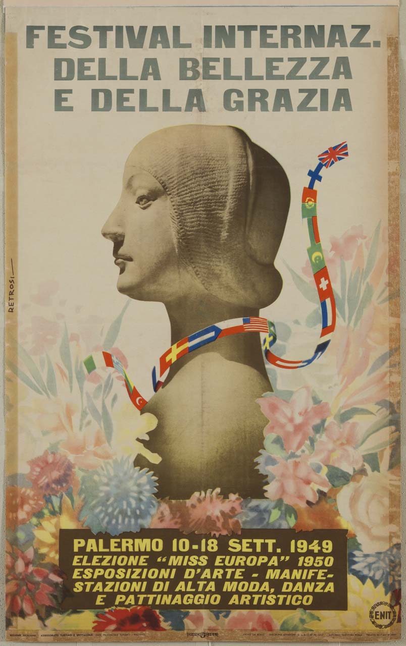 il busto di Eleonora d'Aragona di Francesco Laurana con fascia di bandiere su spalle e collo, immerso tra fiori sbocciati (manifesto) di Retrosi Virgilio (sec. XX)
