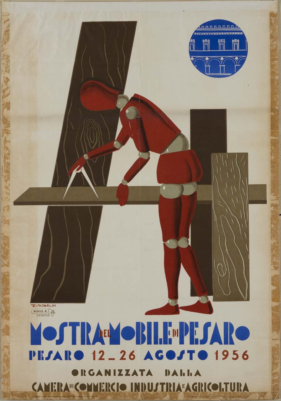 manichino di legno tiene aperto un compasso su una tavola di legno poggiante su altre tavole (manifesto) di Riccobaldi Del Bava Giuseppe (sec. XX)