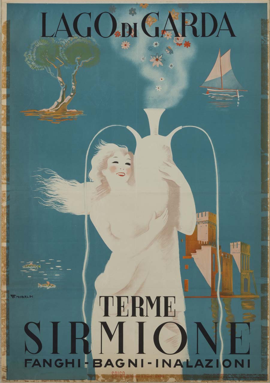 figura femminile che regge un vaso da cui escono zampilli di acqua e vapore con fiori; sullo sfondo un pino, una barca a vela e il castello Scaligero (manifesto) di Riccobaldi Del Bava Giuseppe (sec. XX)