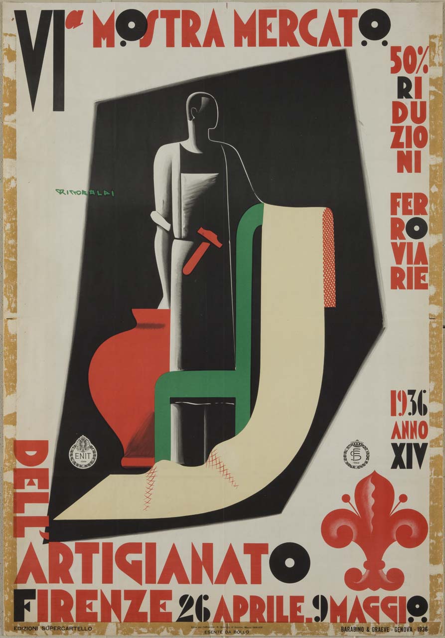 fascio littorio antropomorfizzato con martello, sedia, stoffa e vaso ; in basso il giglio di Firenze (manifesto) di Riccobaldi Del Bava Giuseppe (sec. XX)