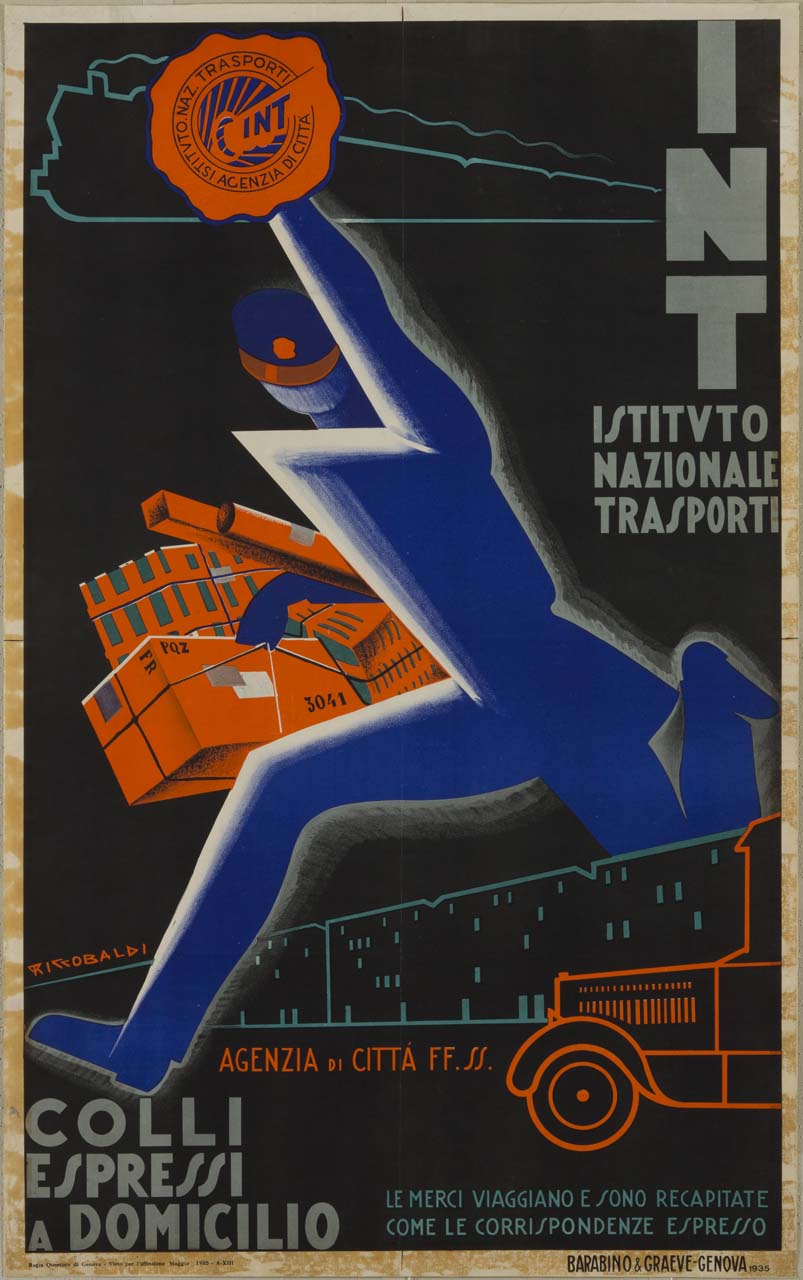 figura maschile stilizzata che corre con pacchi sotto braccio; sullo sfondo treno, automobile e profilo di città (manifesto) di Riccobaldi Del Bava Giuseppe (sec. XX)