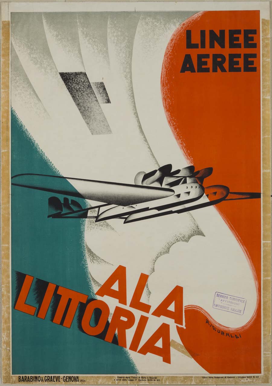idrovolante Savoia-Marchetti S.66 in volo su fondo con tricolore e fascio littorio (manifesto) di Riccobaldi Del Bava Giuseppe (sec. XX)