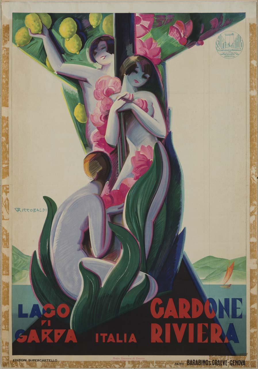 tre figure femminili formano un tronco e i rami di un albero fiorito e carico di limoni; sullo sfondo la riva di un lago e una barca (manifesto) di Riccobaldi Del Bava Giuseppe (sec. XX)