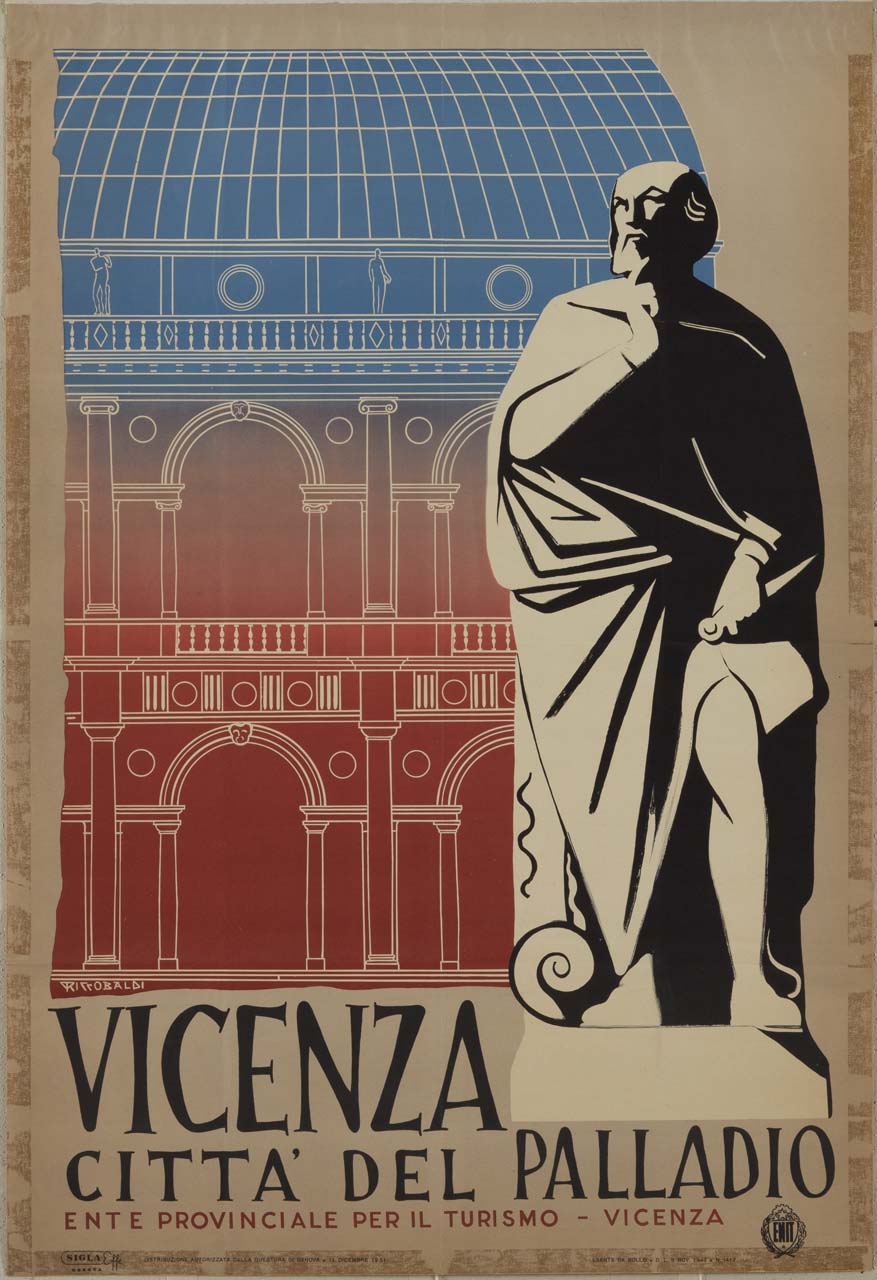 monumento ad Andrea Palladio di Vincenzo Gajassi davanti al prospetto disegnato della Basilica palladiana di Vicenza (manifesto) di Riccobaldi Del Bava Giuseppe (sec. XX)