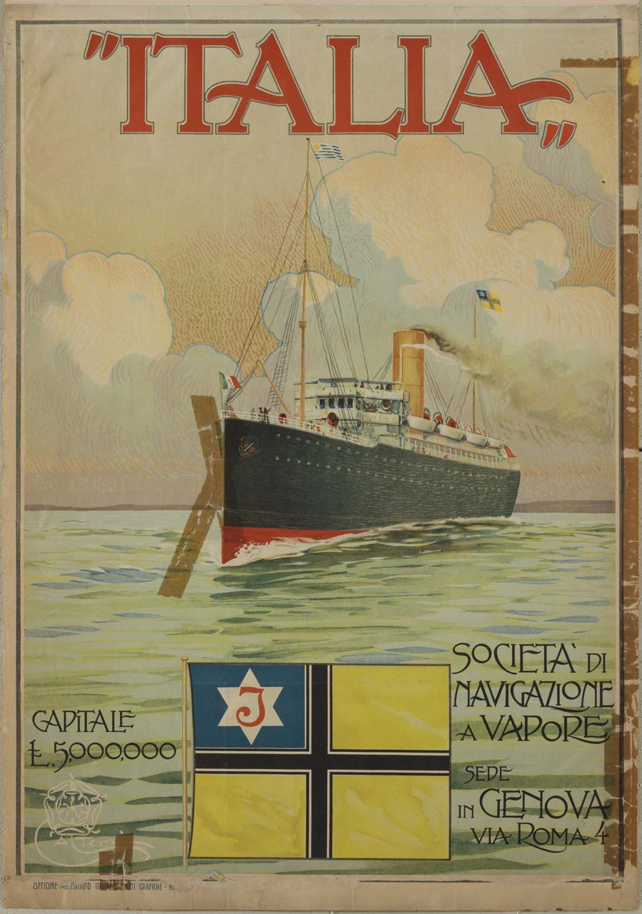 nave a vapore in navigazione ; bandiera nautica ripartita in quattro (manifesto) di Terzi Aleardo (sec. XIX-XX)