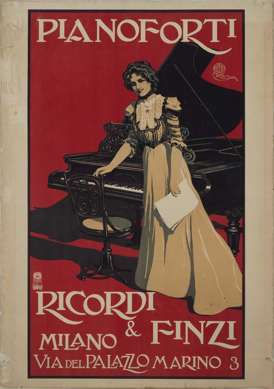figura femminile in piedi vicino a un pianoforte (manifesto) di Terzi Aleardo (sec. XX)