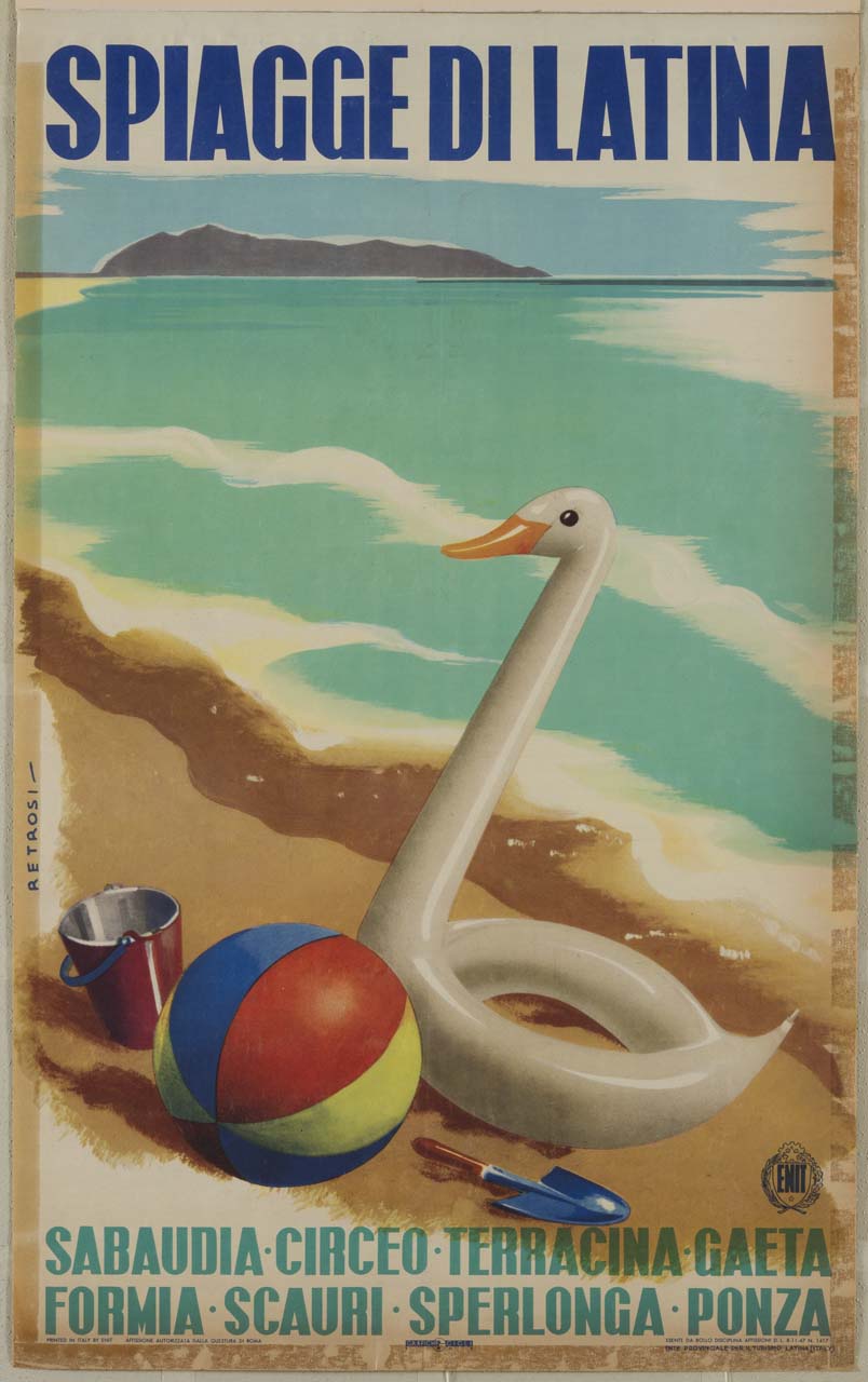 salvagente a paperella, secchiello, paletta e pallone da mare sulla battigia (manifesto) di Retrosi Virgilio (sec. XX)