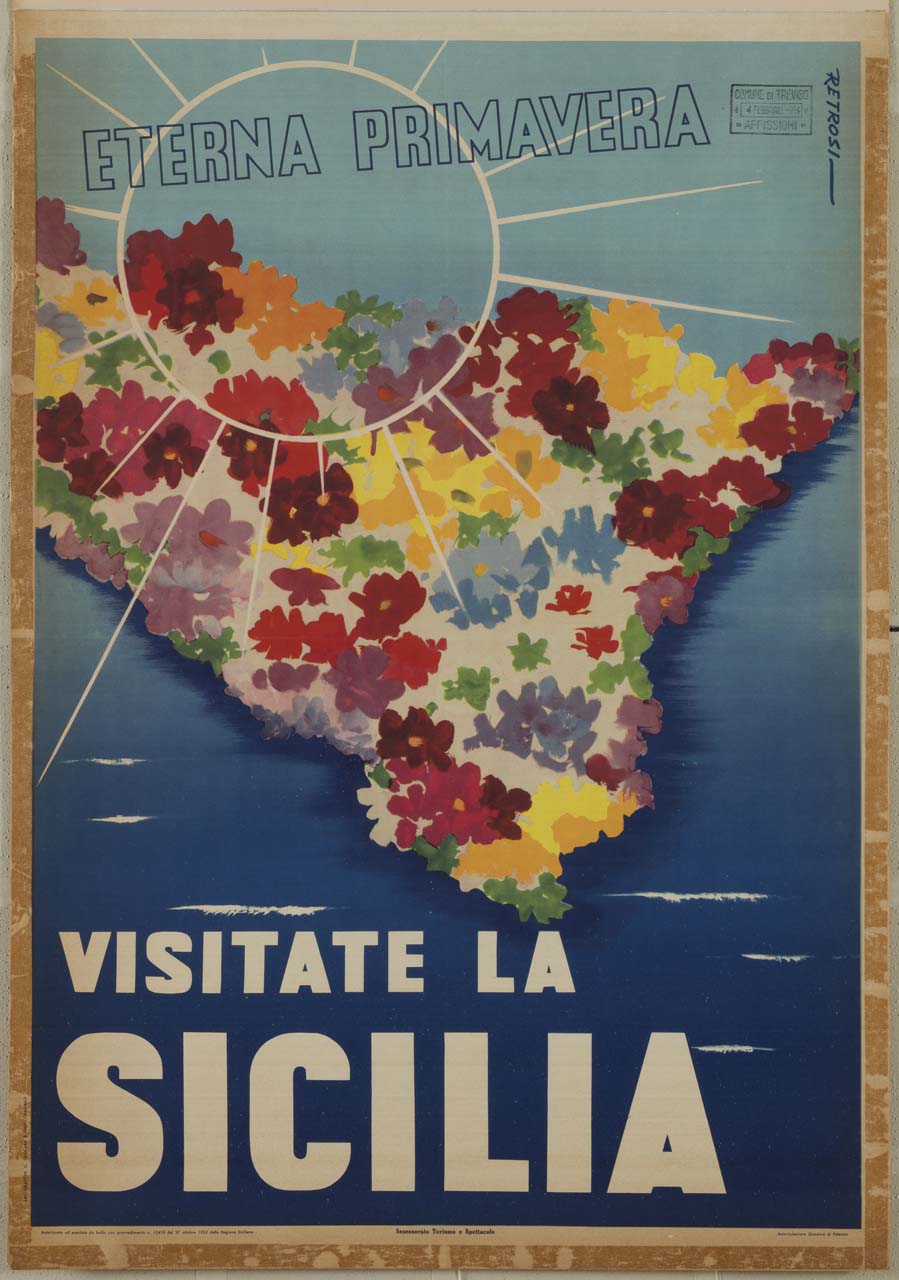 l'isola della Sicilia cosparsa di fiori colorati; un sole stilizzato la irradia di luce (manifesto) di Retrosi Virgilio (sec. XX)