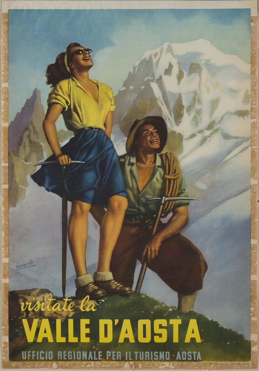 figura maschile e figura femminile in piedi guardano le vette innevate circostanti (manifesto) di Boccasile Gino (sec. XX)