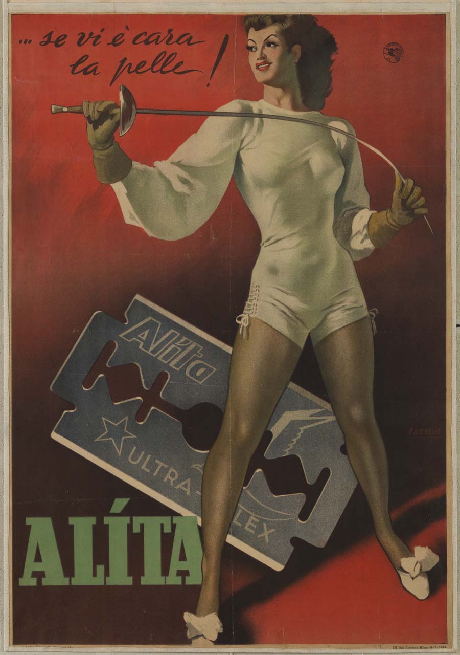 figura femminile con fioretto e sabot davanti a una lametta da barba (manifesto) di Boccasile Gino (sec. XX)