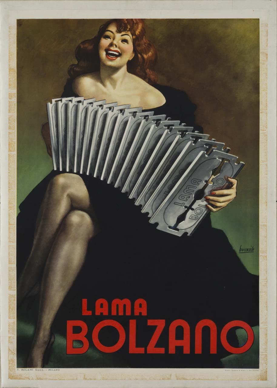 figura femminile che suona una fisarmonica fatta di lamette da barba (manifesto) di Boccasile Gino (sec. XX)