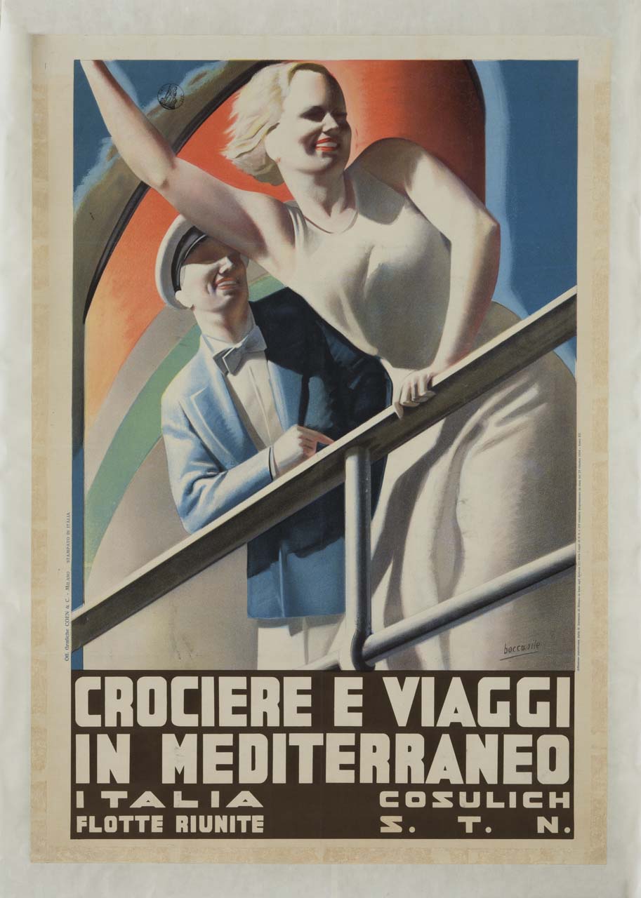 u uomo e una donna affacciati al parapetto di una nave sorridono e salutano; alle loro spalle il profilo di un piroscafo (manifesto) di Boccasile Gino (sec. XX)