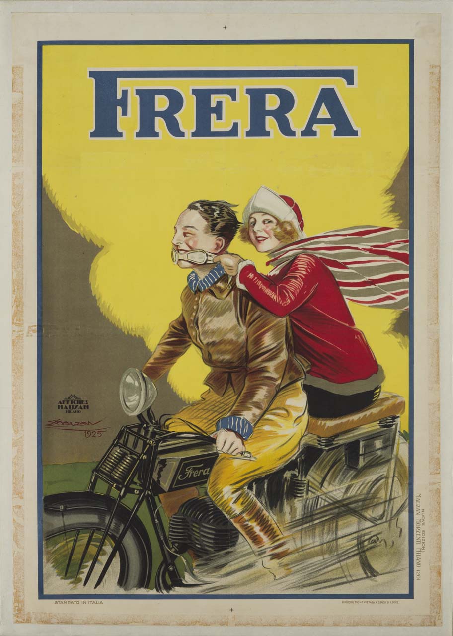 un ragazzo e una ragazza corrono veloci su una motocicletta (manifesto) di Mauzan Achille Luciano (sec. XX)