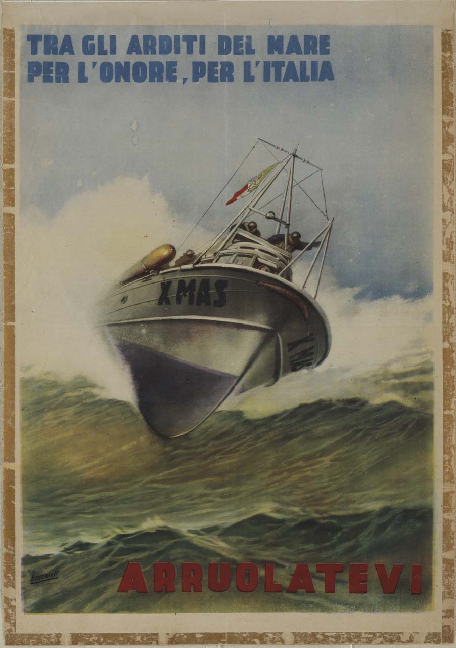 motoscafo con bandiera della Repubblica Sociale Italiana equipaggiato con siluro nel mare mosso (manifesto) di Boccasile Gino (sec. XX)