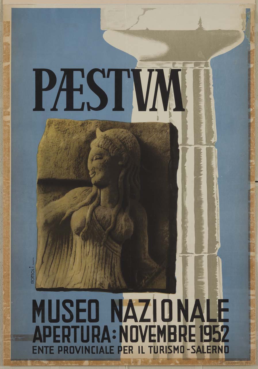 metopa arcaica e colonna dorica del Tempio di Hera a Paestum (manifesto) di Romoli Filippo (sec. XX)