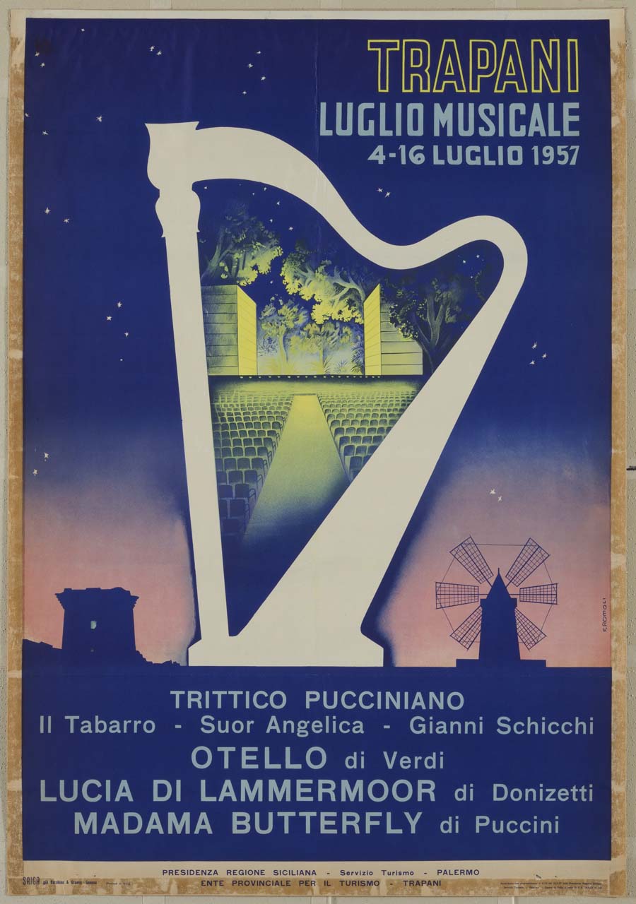 un'arpa al cui interno brilla la scena a la platea di un teatro;cielo stellato sul quale si staglia il profilo di una rocca e di un mulino a vento (manifesto) di Romoli Filippo (sec. XX)