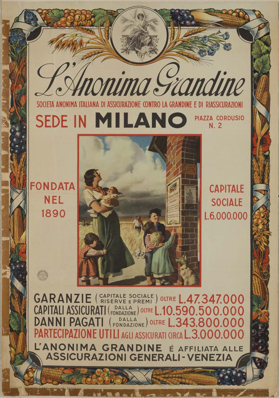 una donna con cinque bambini di varie età, osserva un manifesto pubblicitario; sullo sfondo cielo con nuvole nere e campo di grano maturo dal quale sta arrivando un uomo (manifesto) di Boccasile Gino (sec. XX)