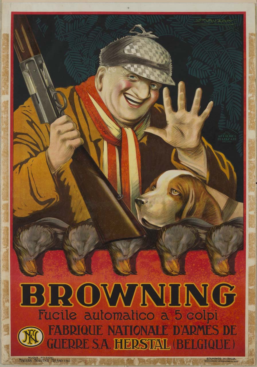 un cacciatore stringe nella mano sinistra un fucile semiautomatico e apre le cinque dita della mano destra; accanto a lui un bracco e, in primo piano, cinque pernici morte (manifesto) di Mauzan Achille Luciano (sec. XX)