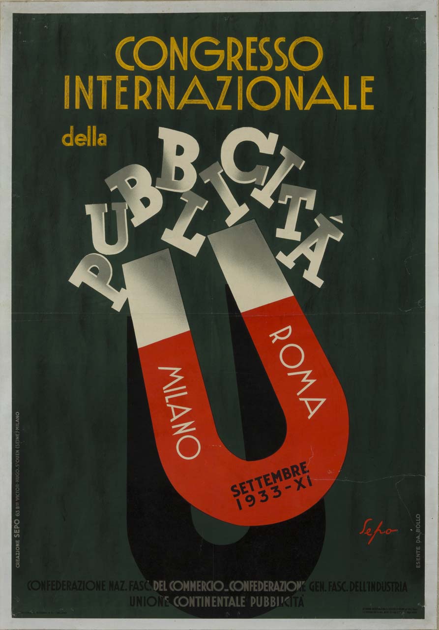 calamita rossa e bianca su fondo nero attira le lettere che compongono la parola pubblicità (manifesto) di Pozzati Severo detto Sepo (sec. XX)