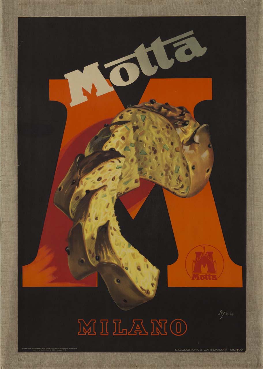 panettone tagliato sopra a una grande M (manifesto) di Pozzati Severo detto Sepo (sec. XX)