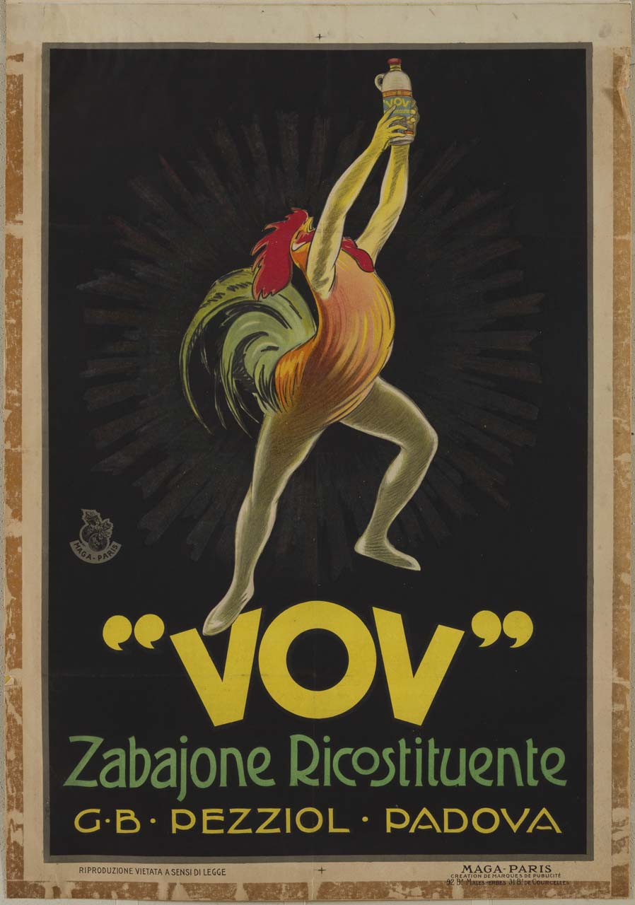 gallo con gambe umane che solleva una bottiglia (manifesto) - ambito italiano (sec. XX)