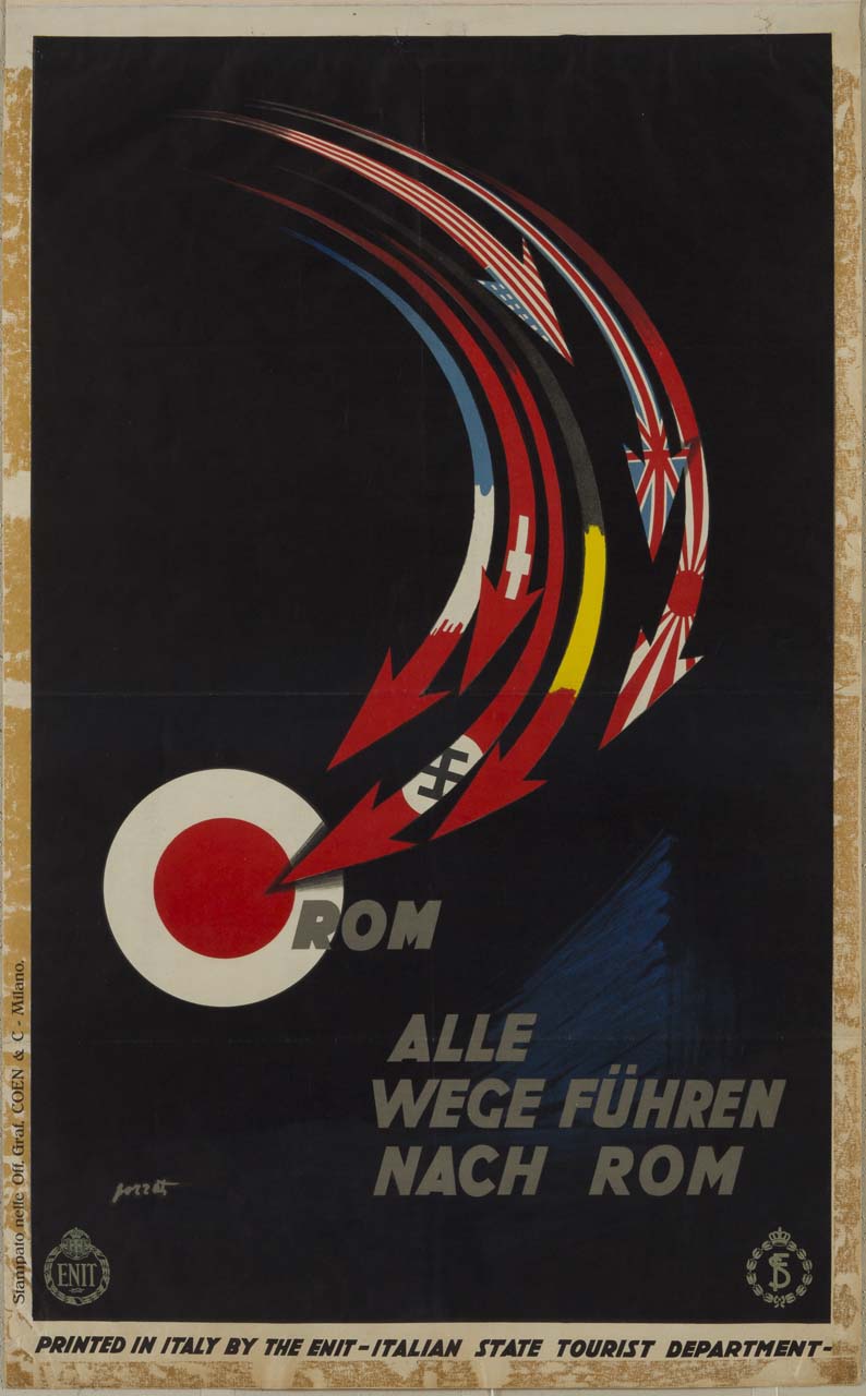 frecce colorate con bandiera del Terzo Reich, bandiera statunitense, bandiera della Gran Bretagna, bandiera giapponese, bandiera svizzera, bandiera francese e bandiera belga giungono a un punto (manifesto) di Pozzati Severo detto Sepo (sec. XX)