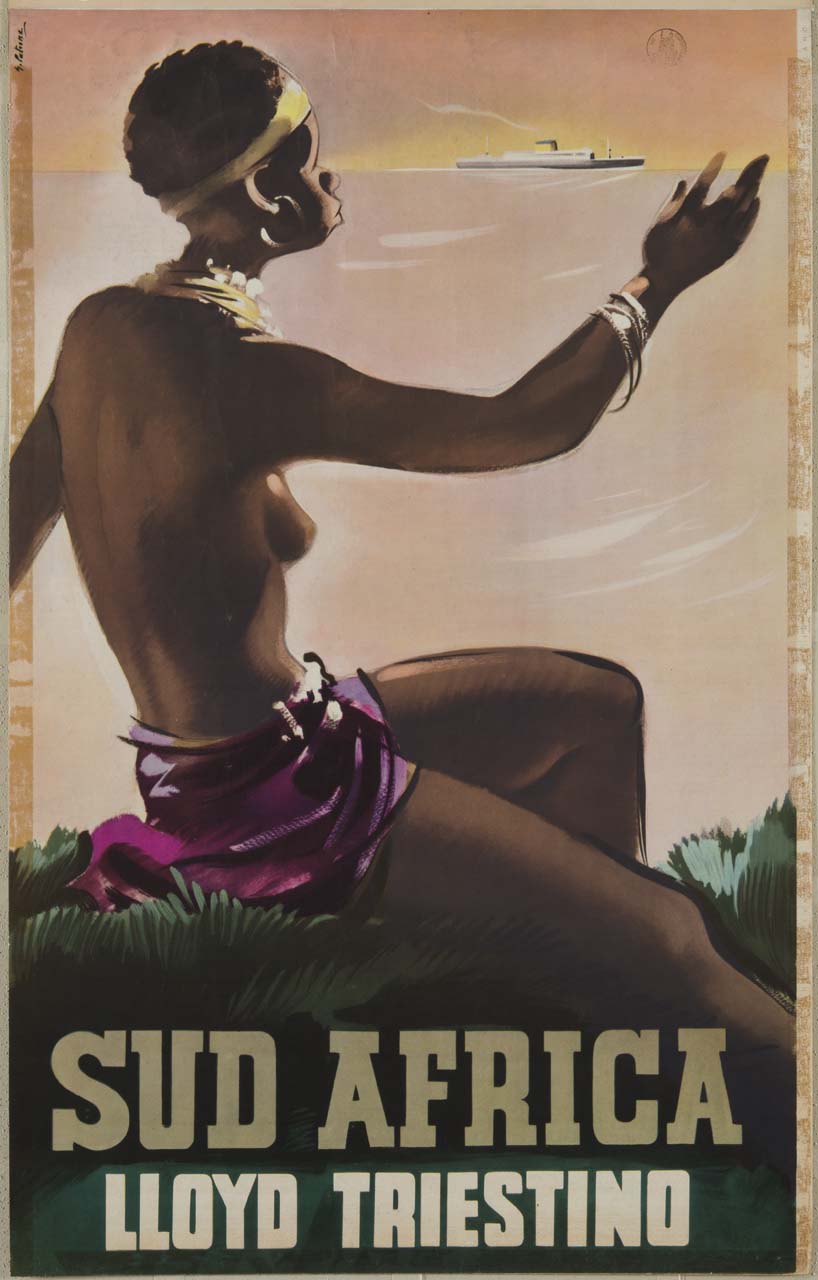 donna africana con bracciali e collane saluta da una altura una nave in navigazione (manifesto) di Patrone Giovanni (XX)