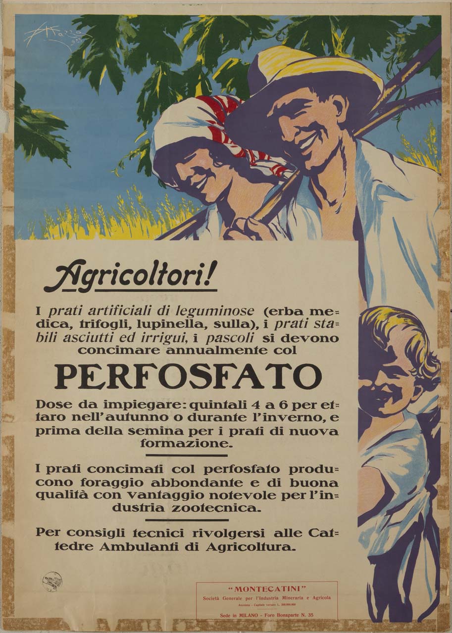 figura maschile, figura femminile e bambino in campagna (manifesto) di Mazza Aldo (sec. XX)