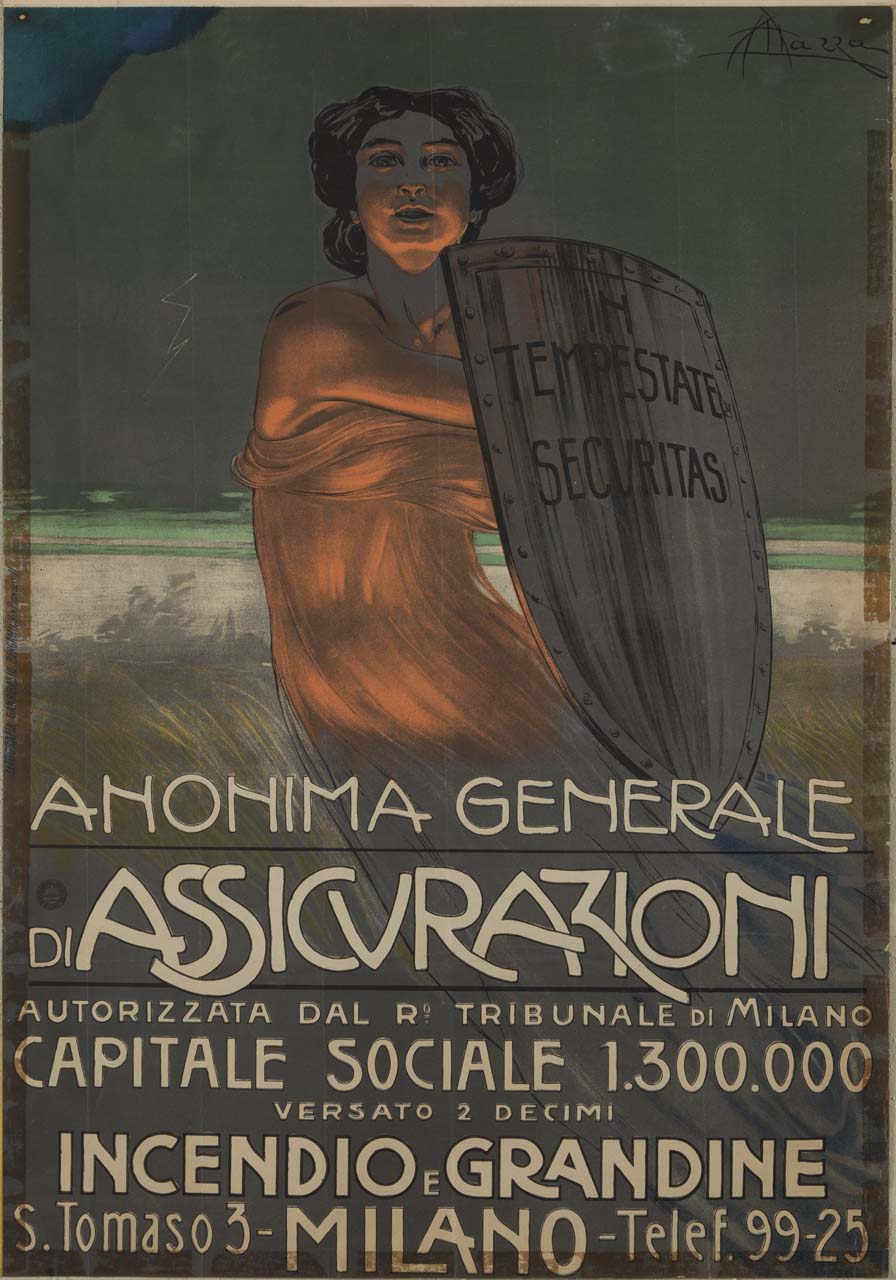 una figura allegorica femminile in veste velata che regge uno scudo e si erge su un campo di grano (manifesto) di Mazza Aldo (sec. XX)