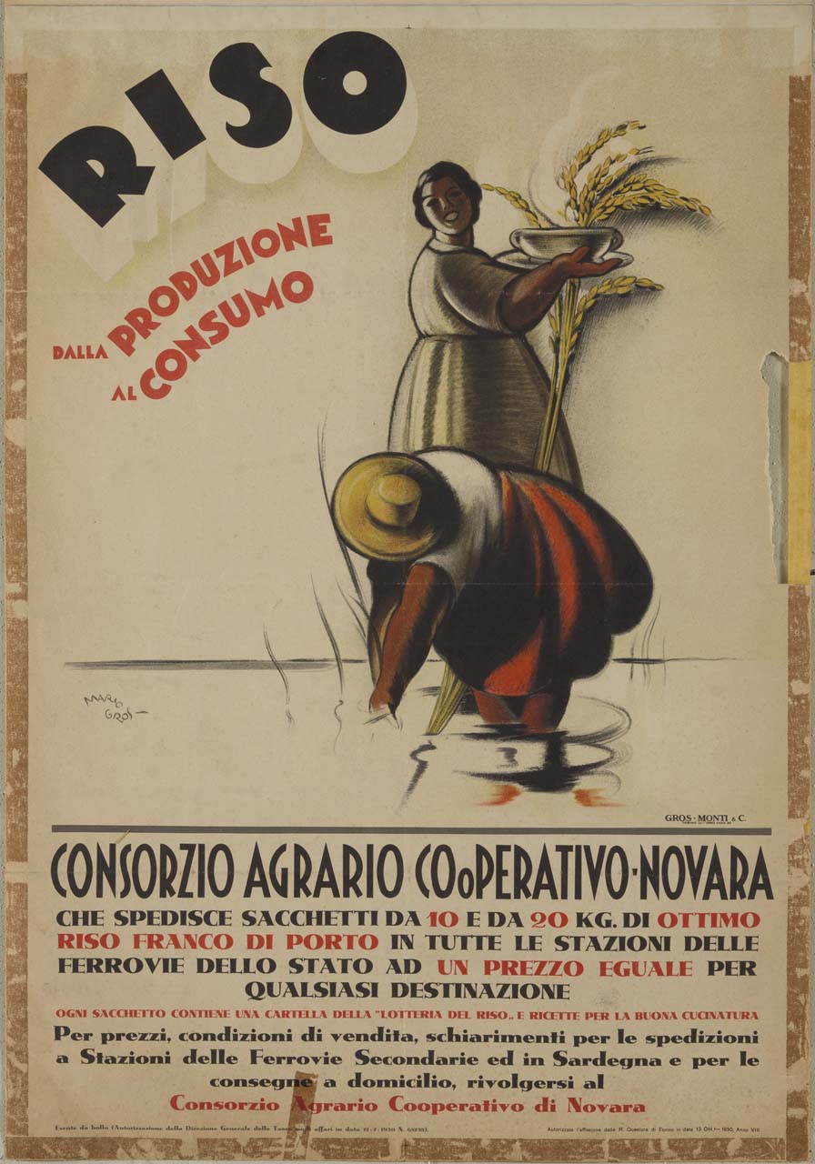 una mondina in risaia, trapianta i germogli di riso; un'altra donna al suo fianco serve il riso in una terrina (manifesto) di Gros Mario (sec. XX)