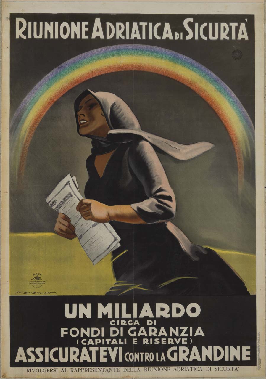 donna con un vestito e fazzoletto neri tiene in mano una polizza d'assicurazione; sullo sfondo l'arcobaleno (manifesto) di Dudovich Marcello (sec. XX)