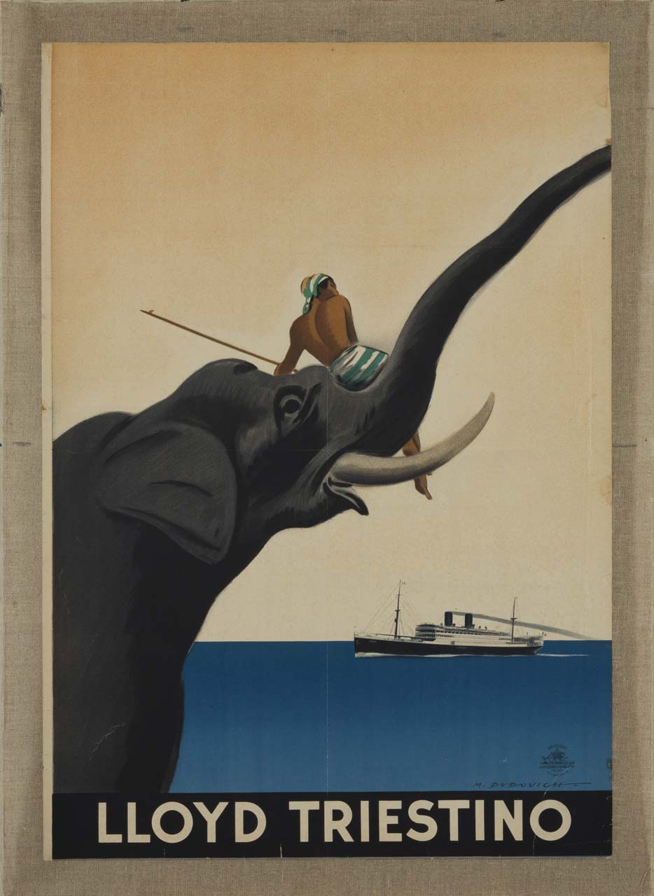 un cornak seduto sul muso di un elefante; sullo sfondo il mare e un piroscafo in navigazione (manifesto) di Dudovich Marcello (sec. XX)