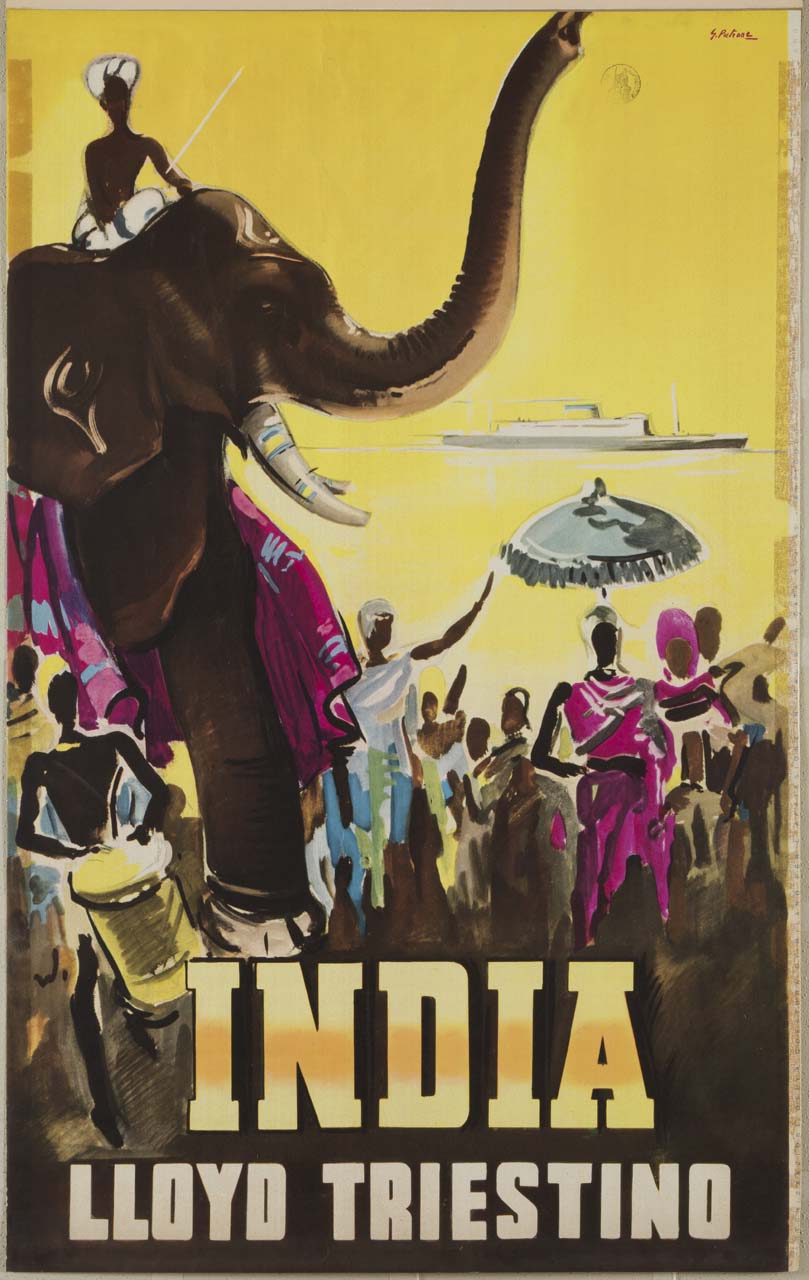 uomini e donne con vestiti colorati e tamburi salutano festosamente un piroscafo all'orizzonte; un giovane con turbante bianco è seduto sulla groppa di un elefante (manifesto) di Patrone Giovanni (XX)