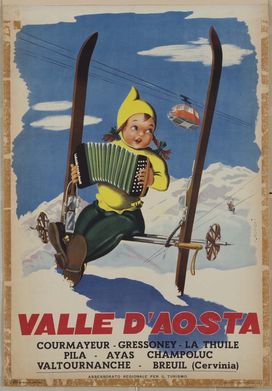 bimba felice suona fisarmonica seduta sci e racchette da sci legate; sullo sfondo di cime innevate, si vede un altro sciatore su seggiovia e una funivia (manifesto) di Romoli Filippo (sec. XX)