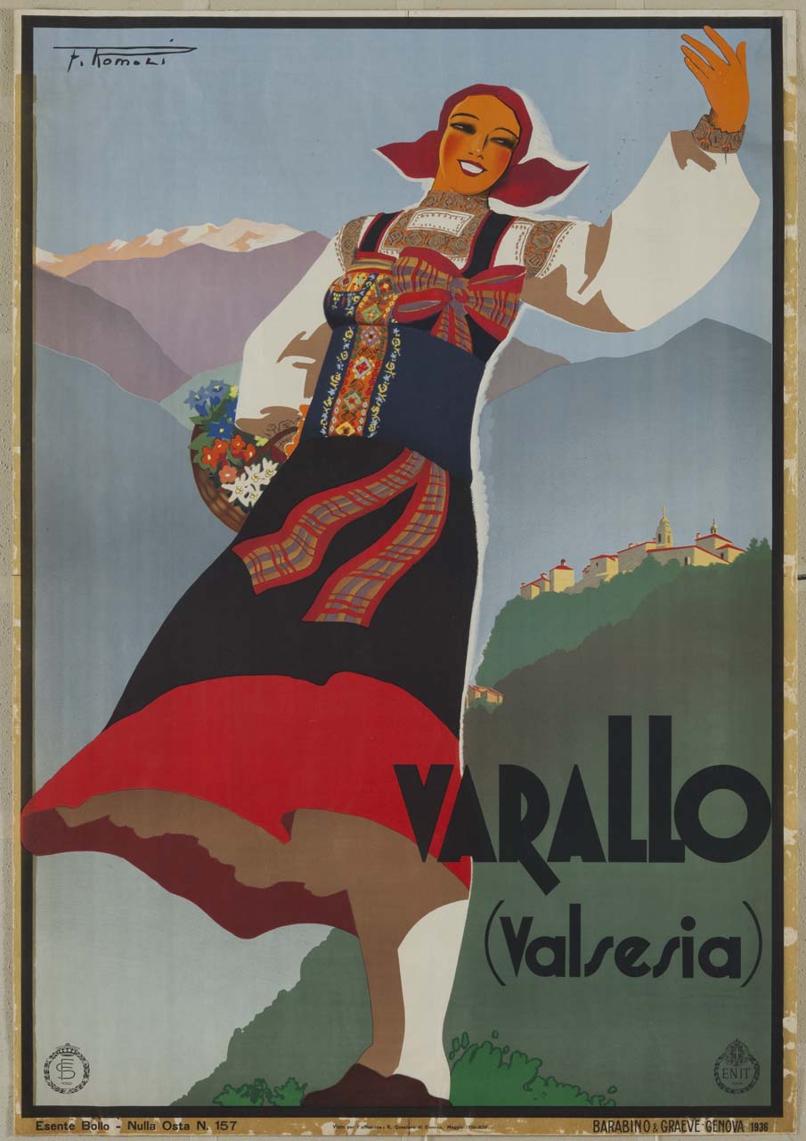 ragazza sorridente con costume folcloristico e cestino pieno di fiori; sullo sfondo montagne e paesino tra il verde (manifesto) di Romoli Filippo (sec. XX)