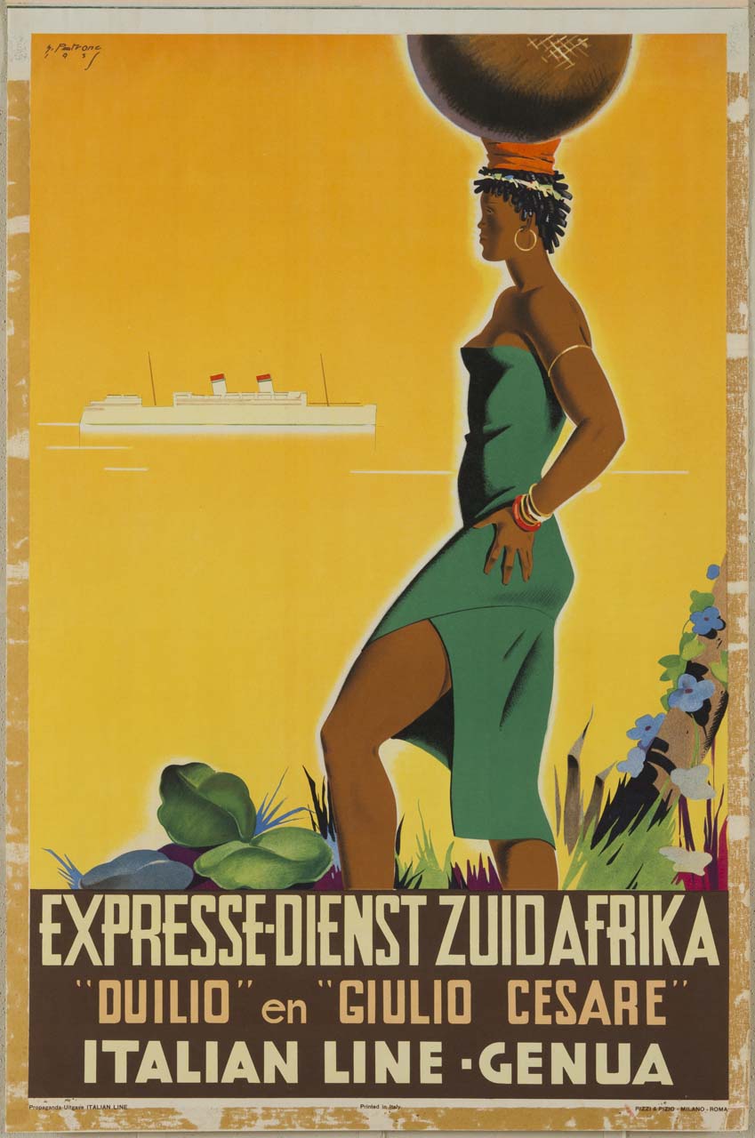 donna africana che regge un cesto sulla testa guarda un piroscafo all'orizzonte (manifesto) di Patrone Giovanni (XX)