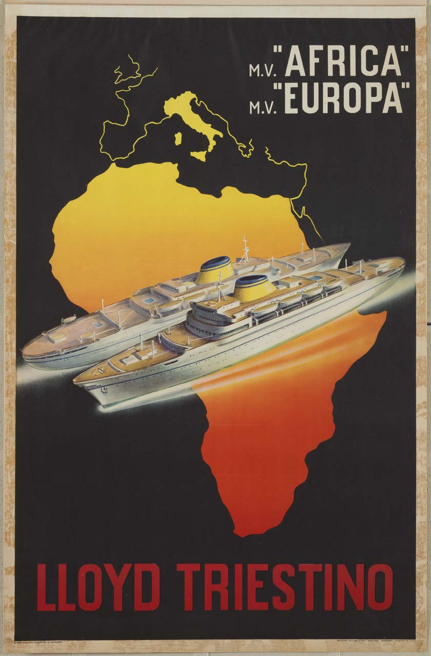 due navi "attraversano" il continente africano, color rosso e giallo. Italia delineata sullo sfondo (manifesto) di Patrone Giovanni (XX)