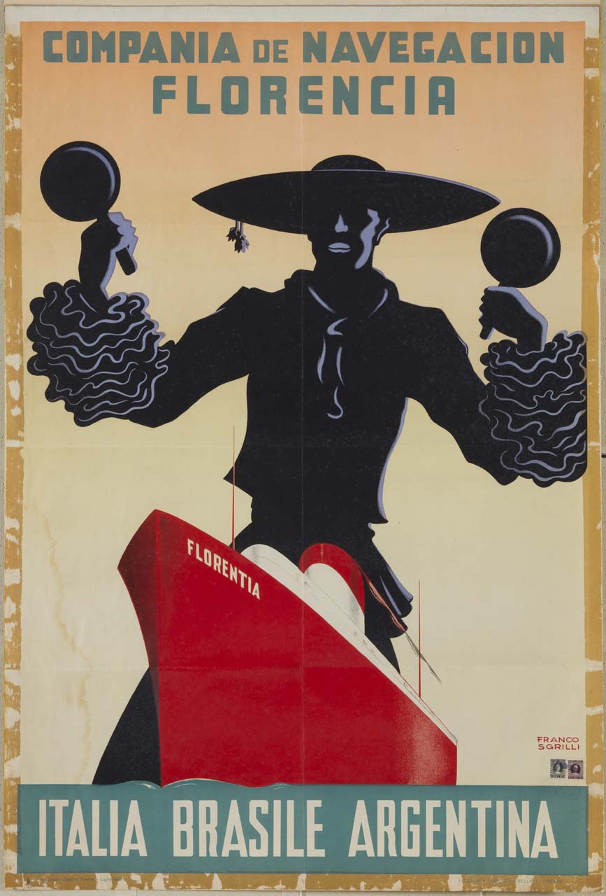 uomo di grandi dimensioni con cappello da gaucho, maracas e camicia brasiliana che sovrasta la nave Florentia (manifesto) di Sgrilli Franco (XX)