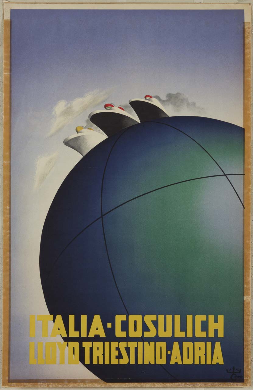 tre transatlantici che svettano su un globo terrestre di piccole dimensioni (manifesto) di Mouron Adolphe detto Cassandre (XX)