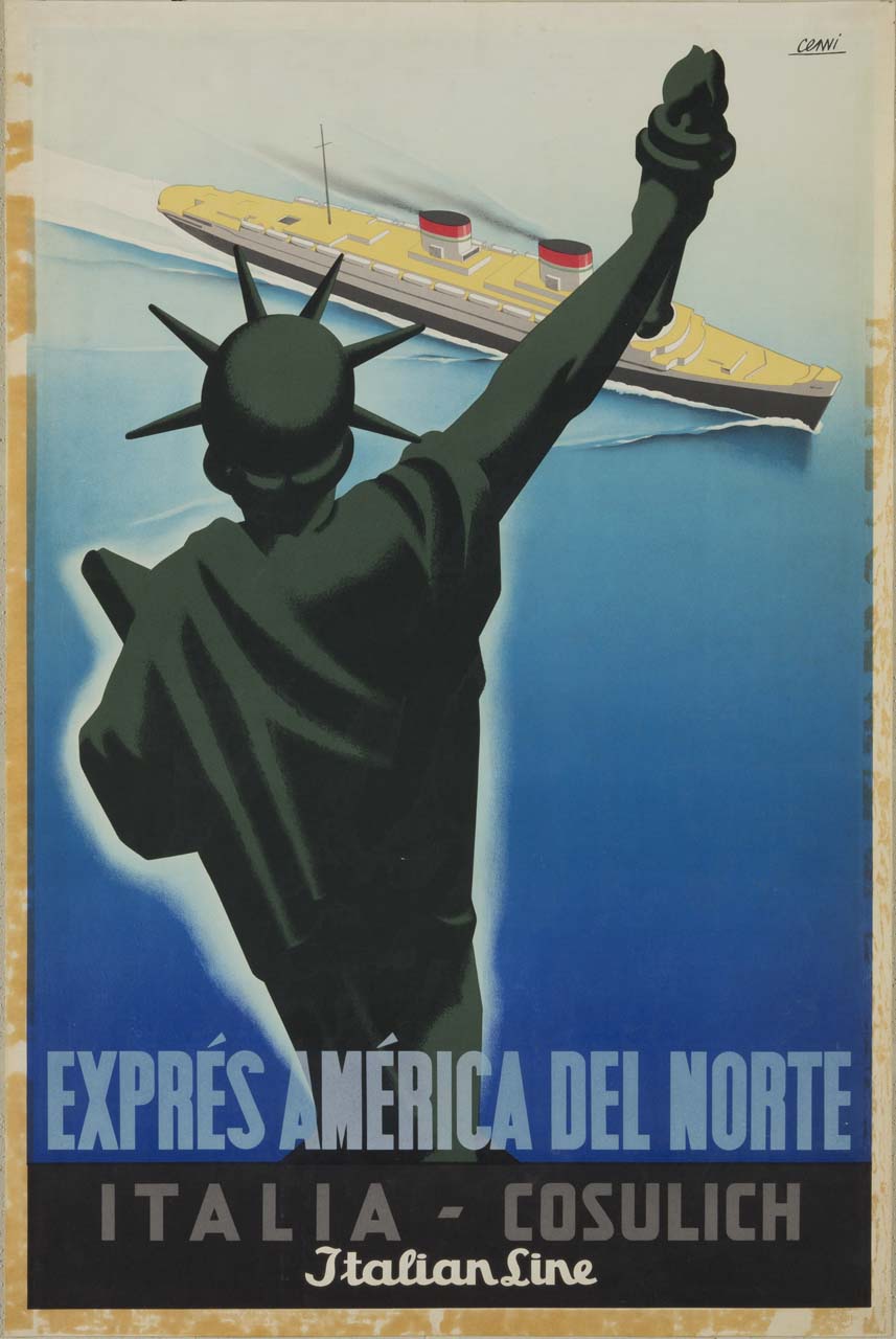 transatlantico in navigazione passa sotto la Statua della Libertà (manifesto) di Cenni Quinto (XX)