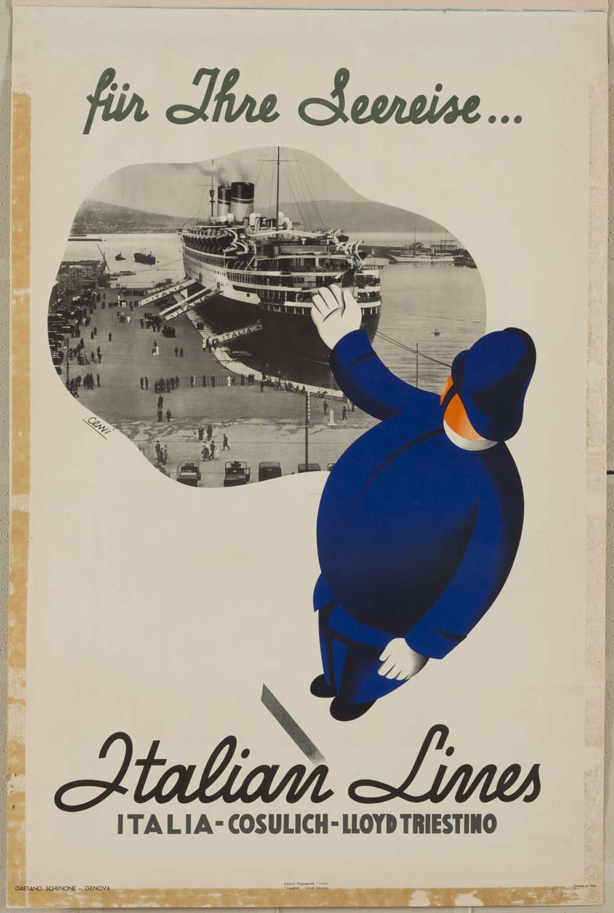 uomo con divisa blu ed elmetto mostra l'arrivo in porto del Transatlantico Rex (manifesto) di Cenni Quinto (XX)